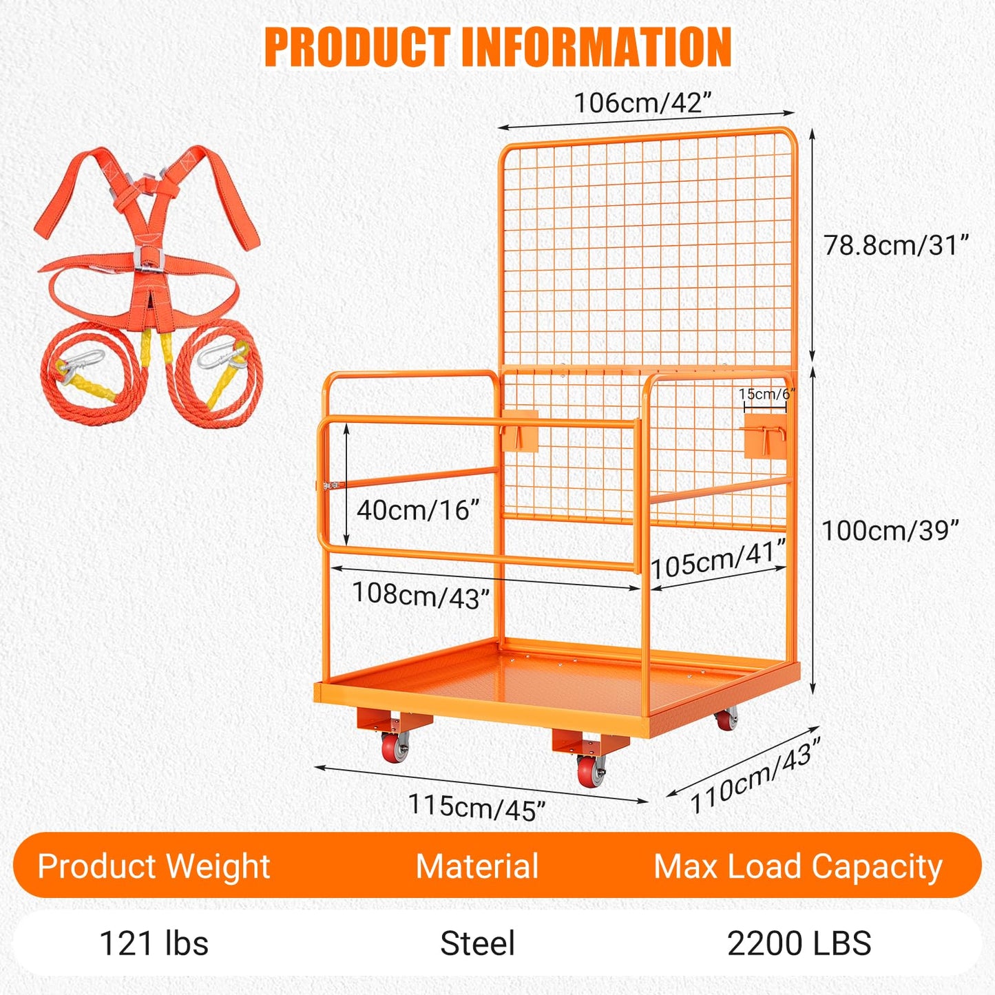 45 in x 43 in Forklift Safety Cage, GarveeTech Max. 2200 LBS Heavy Duty Steel Forklift Man Basket, Foldable Forklift Work Platform with Guardrails, Safety Harness, Wheels, Perfect for Aerial Work