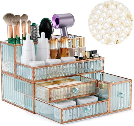Youdepot Makeup Organizer Countertop - Tempered Glass Vanity Organizer for Cosmetics, Skincare, Hair Tools, Brushes, Perfume - Multipurpose Bathroom Counter Skincare Organizer