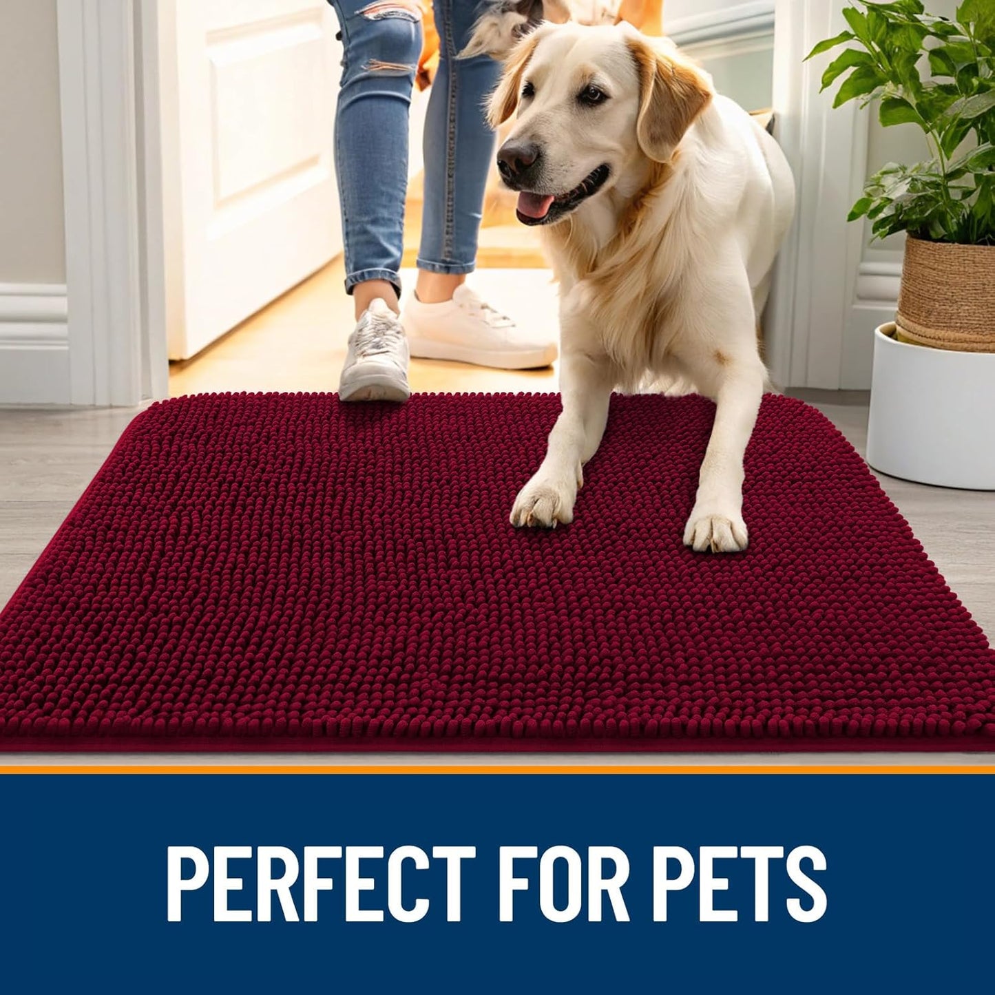 OLANLY Dog Door Mat - Absorbent Non-Slip Chenille Mud Mat for Muddy Paws | 50x30, Burgundy