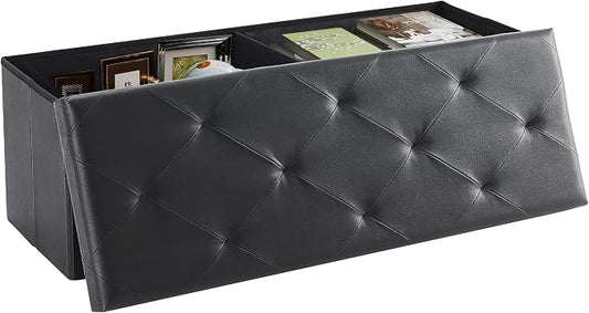 DUMOS 43 Inches Foldable Storage Ottoman Bench, Foot Rest Stool, Synthetic Leather Storage Chest with Thicker Foam Padded Seat for Entryway Living Room, Modern Black
