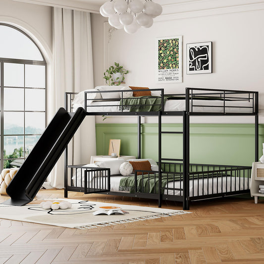 Bellemave Full Over Full Bunk Bed with Slide and Ladder, Metal Low Bunk Bed for Kids, Girls, Boys, Removable Fence, with Door, Black
