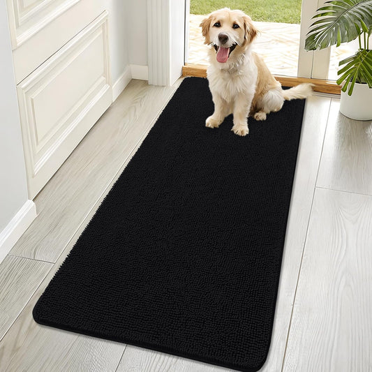 OLANLY Dog Door Mat - Absorbent Non-Slip Chenille Mat for Muddy Paws | 70x32 Inches, Quick Dry, Black
