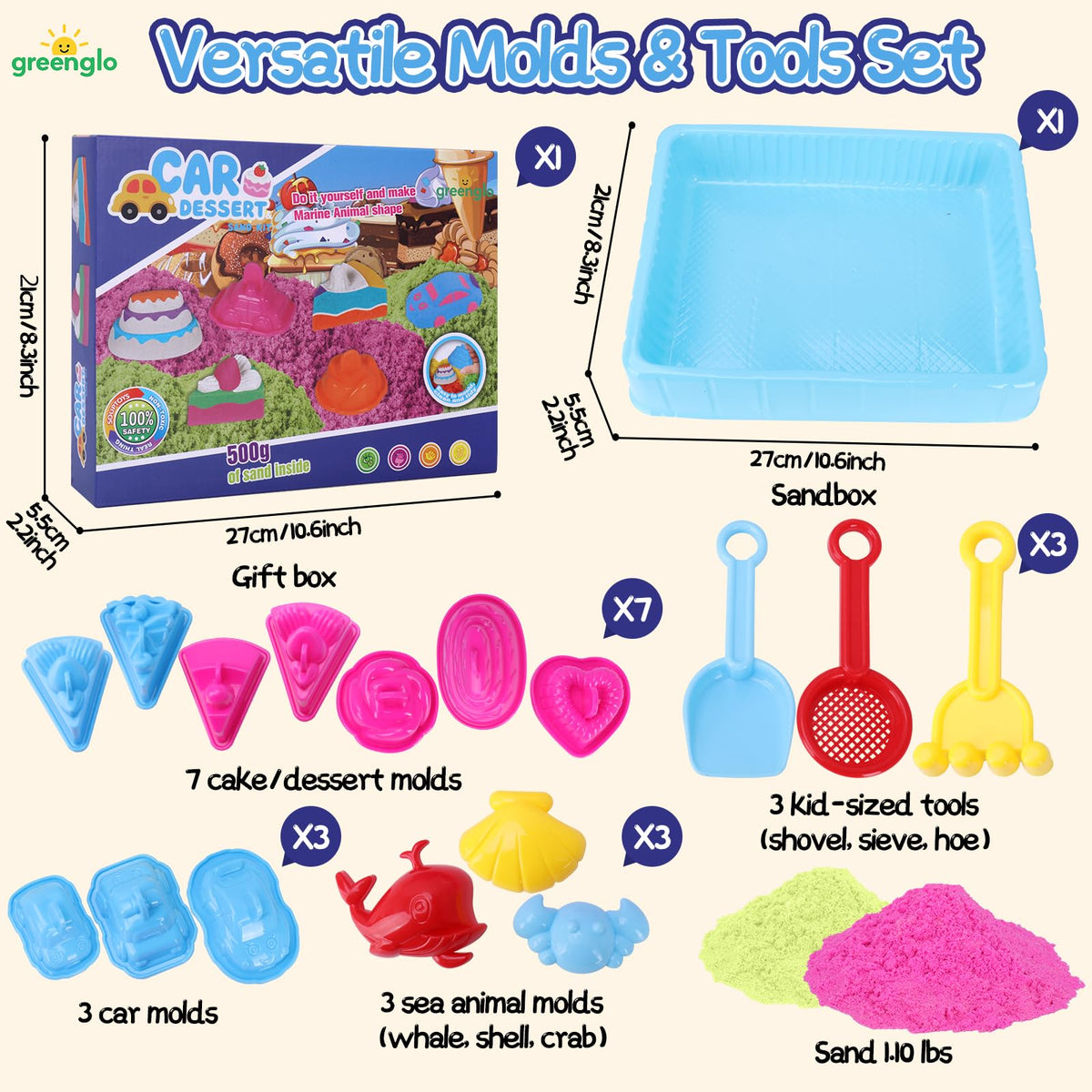 greenglo Kids Sensory Magic Sand Playset - 1.10 Lbs Color Sand Kit, 16 Pcs Molds (Cake/Dessert, car, sea Animal) & Tools, Ideal Sensory Bin for Boys & Girls Ages 3-8