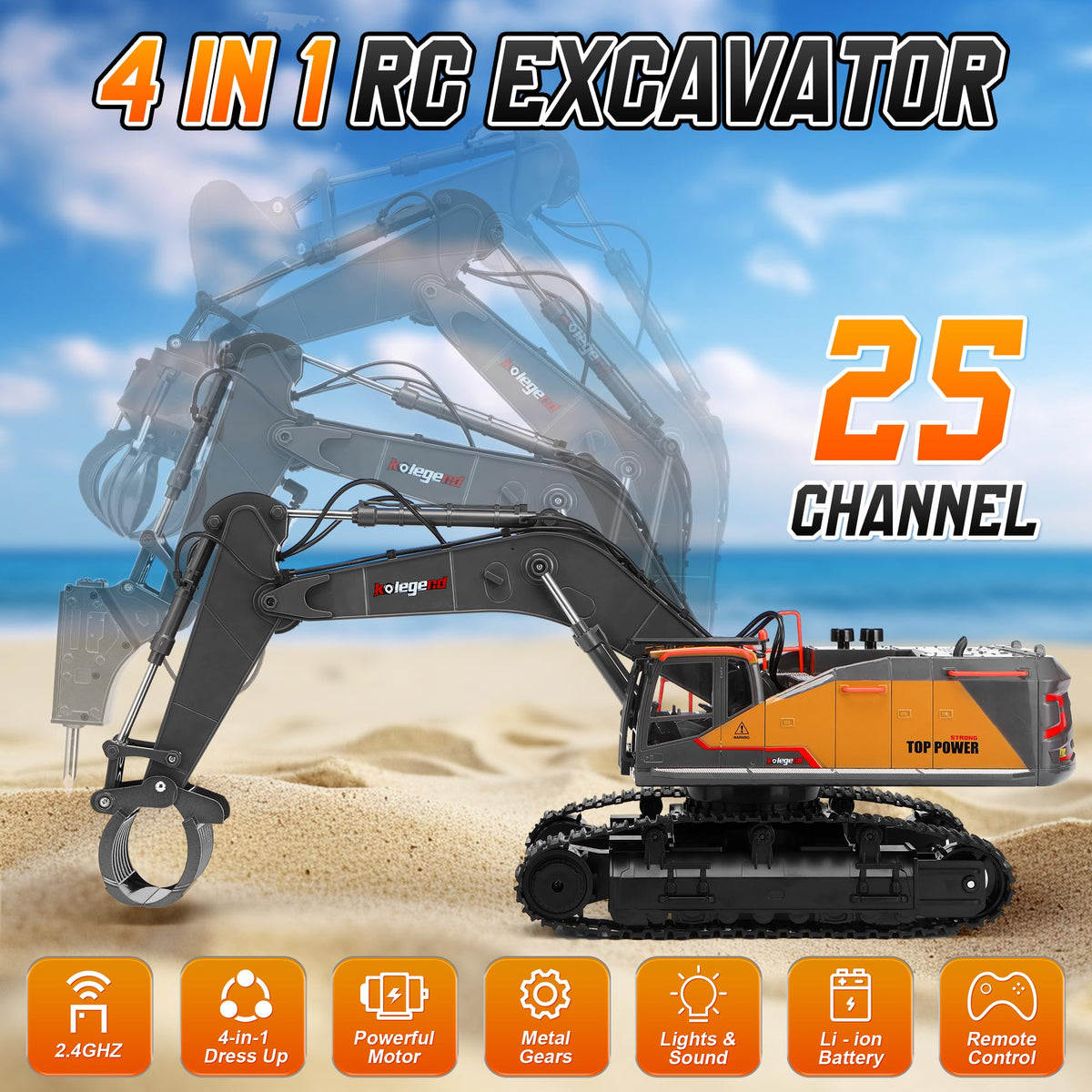 kolegend 1:14 RC Excavator 25 Channel 4 in 1 Construction Toys,Remote Control Vehicles Tractor Sandbox Toys Digger,with Metal Bucket,Drill Bit,Gripper & Wood Gripper RC Truck