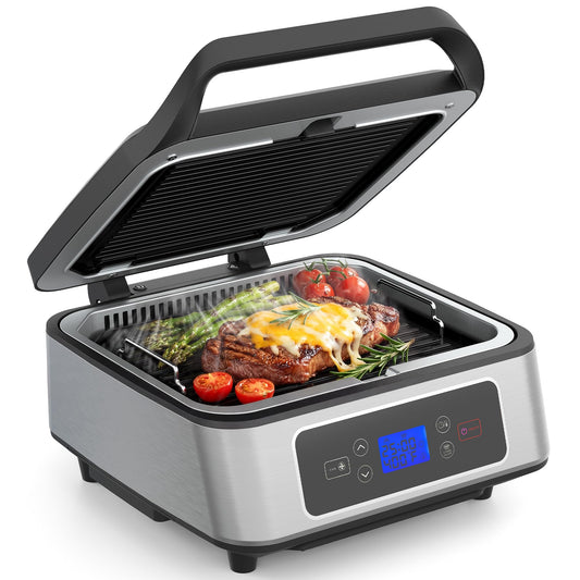Sunvivi Indoor Grill, 1300W Smokeless Grill Indoor with Auto-Lift, Electric Griddle Nonstick with Removable Plates, Independent Upper Heating, Smart Time & Temperature Control, Easy to Clean and Store