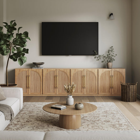 BELLEZE 4-Piece Modular TV Stand Set -Fluted Entertainment Center with Double-Arc Doors,Modern Sideboards with Adjustable Shelves,Classic Media Console Table Cabinet for Living Room (Camel)