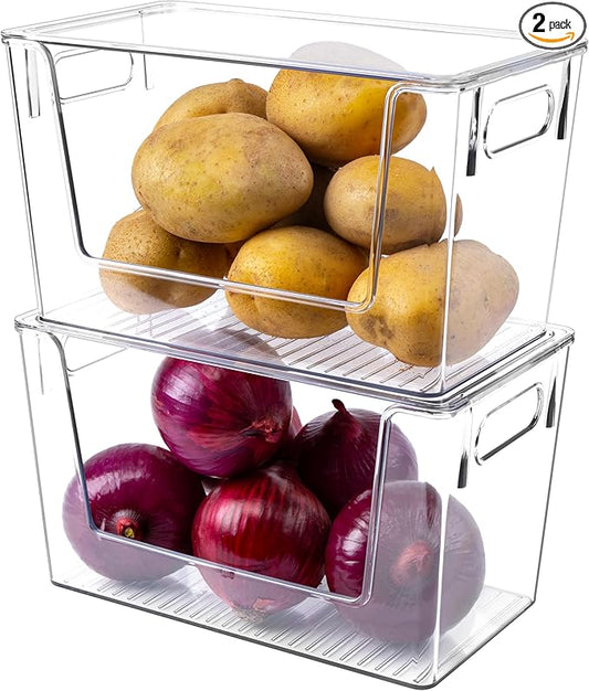 2 Pack Large Stackable Storage Bins, Plastic Container Organizer with Open Front, Pantry Organizers and Storage for Potato, Onion, Fruit and Vegetable, Clear Kitchen Laundry Organizer with Lid
