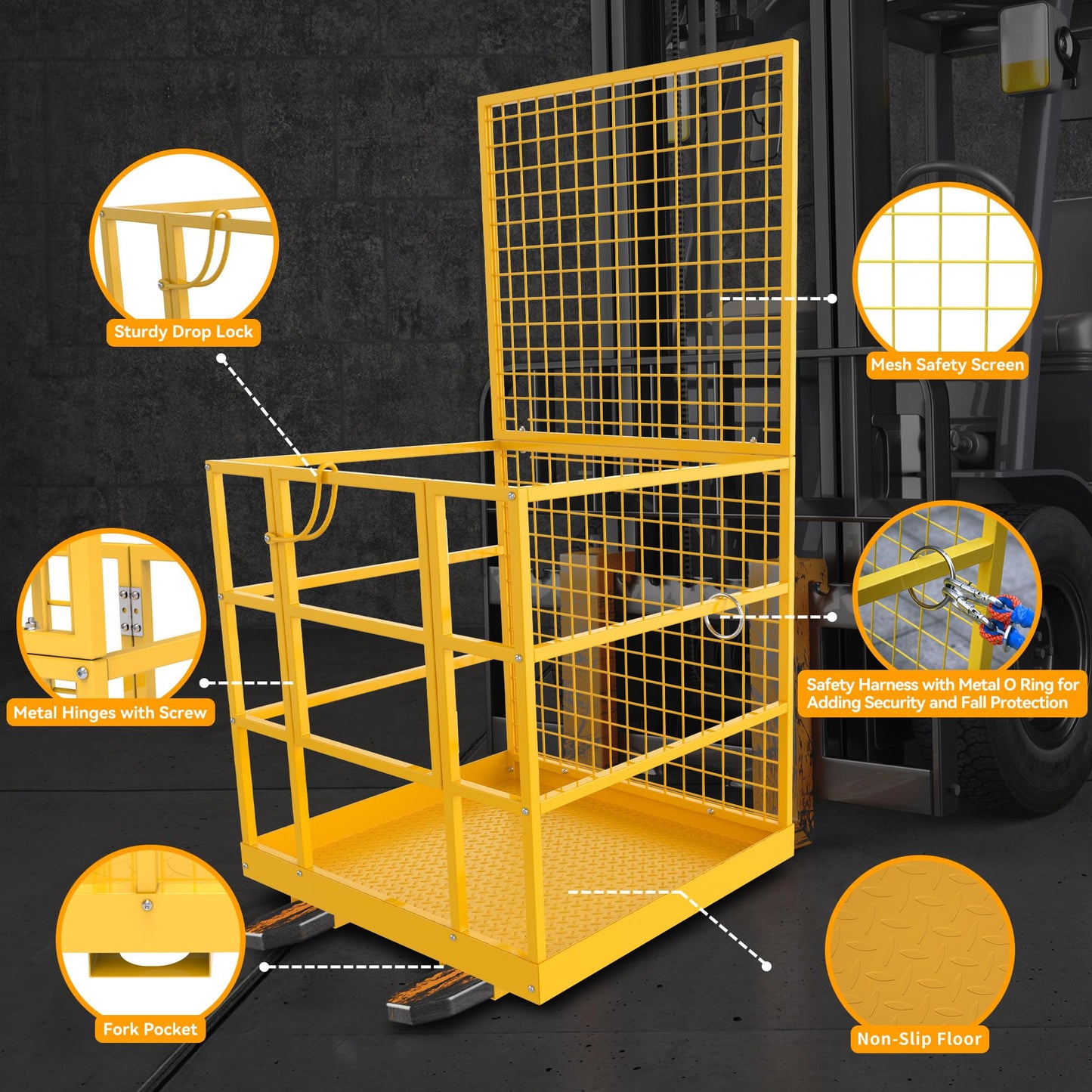 YINTATECH Forklift Safety Cage, 43"x45" Forklift Man Basket,1300lbs Capacity Forklift Work Platform, Forklift Aerial Platform 2-Man Collapsible Lift Basket for Lifting Loader