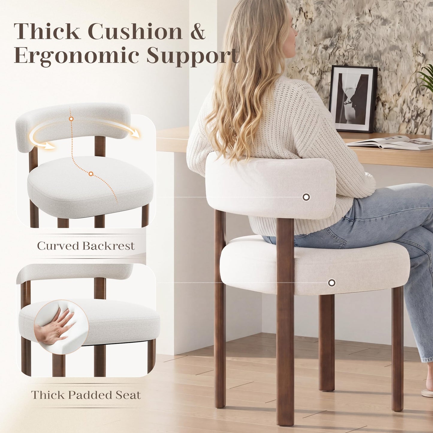 smartue Wooden Dining Chairs Set of 6, Upholstered Kitchen Chairs with Solid Wood Legs, Mid Century Dining Room Chair with Ergonomic Curved Backrest for Kitchen Dining Vanity, Beige