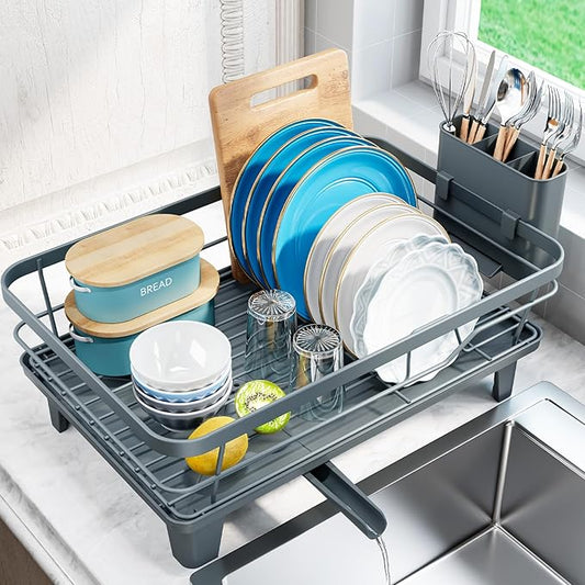 Urackify Dish Drying Rack for Kitchen Counter, Sink Dish Rack with Drainboard, Large Dish Drainer with Cups Holder, Home Countertop Plate Dryer Storage Rack with Cutlery Holder, Blue