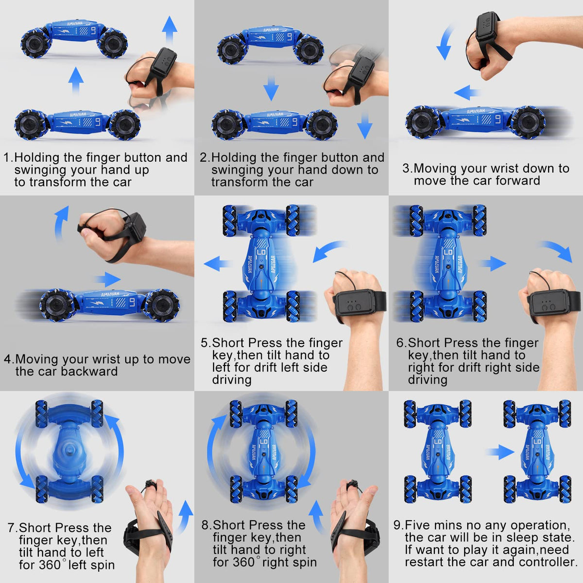 LOOZIX Upgraded Hand Gesture Sensing RC Stunt Car with Lights Music, Spray Drift Gesture RC Car 360° Spins All Terrains Hand Controlled Truck Toys for 6 7 8 9 10 Year Old Boys
