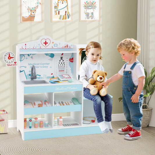 HONEY JOY Kids Wooden Doctor Play Set, 2 In 1 Checkup Medical Office Center & Vet Clinic Station, Exam Area & Interactive Accessories, X-Ray, Toddler Pretend Hospital Playset Kit for Boys Girls (Blue)