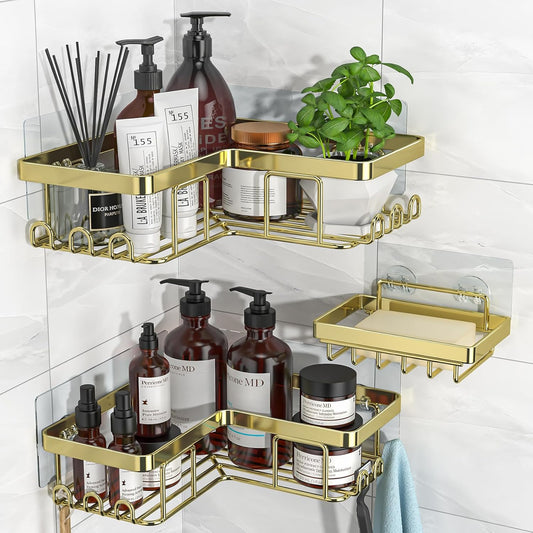 YASONIC Corner Shower Caddy - 3-Pack Adhesive Bathroom Organizer with Soap Holder & 12 Hooks | Rustproof Stainless Steel, Gold