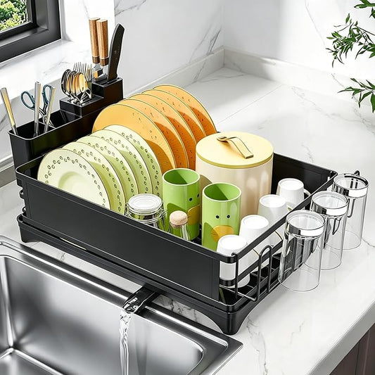 Simple Trending Dish Drying Rack, Space-Saving Large Dish Rack for Kitchen Counter, Anti-Rust Dish Drainer with Cutlery & Cup Holders, Black