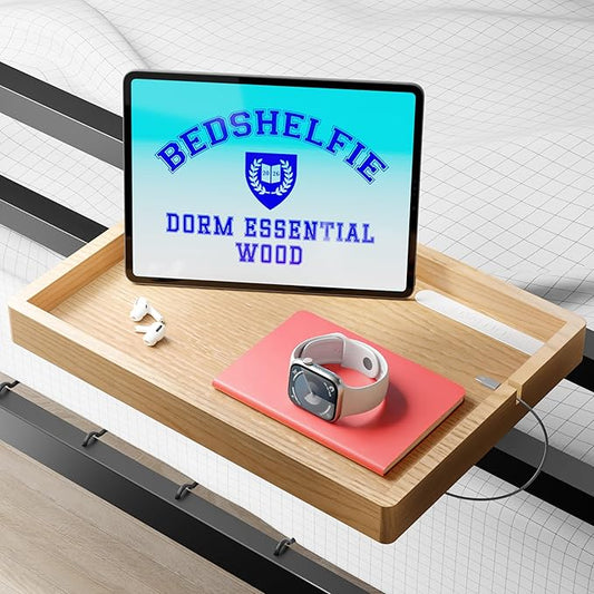 BedShelfie Wood Bedside Shelf for Bunk Bed & Top Bunk, College Dorm Room Essentials, Loft Nightstand, Floating Bed Side Table Tray Storage, Dorm Room Decor By Smallish - (DormEssential Wood, Natural)