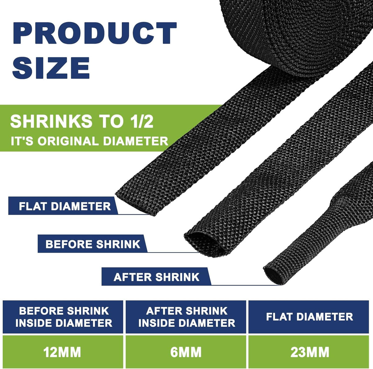 Tsmhisd 2:1Heat (1/2"-12ft) Shrink Wire Loom Braided Cable Sleeves,Heat Resistant Fabric Woven Shrink Tubing Wiring