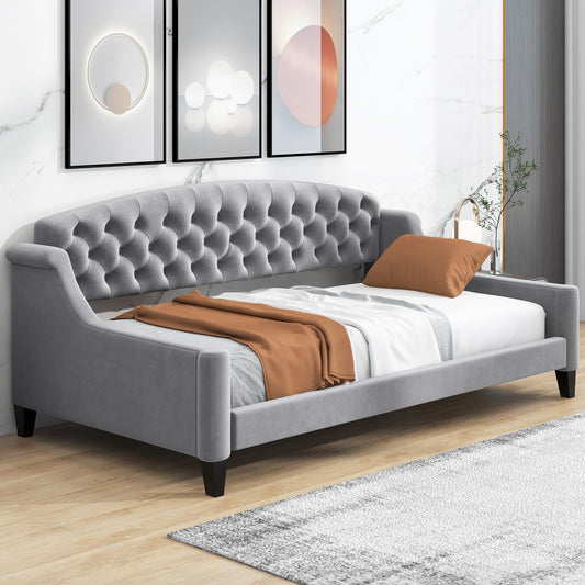 Ball & Cast Twin Size Daybed,Velvet Upholstered Day Bed Frame with Button Tufted Backrest,Modern Sofa Bed for Living Room, Bedroom,Guest Room,No Box Spring Needed,Gray
