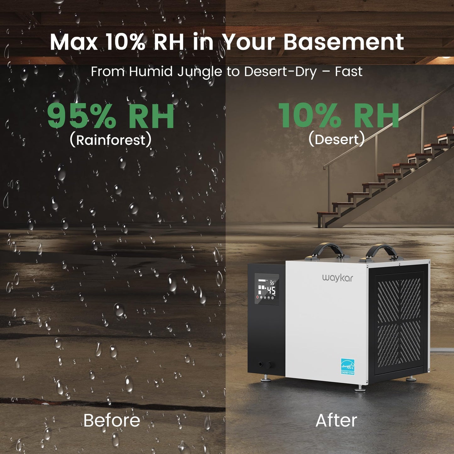 Waykar 70 Pint Energy Star Crawl Space Dehumidifier with Pump & Drain Hose for Basements, Commercial & Water Damage Spaces up to 5000 Sq. Ft., Compact, Strong Dehumidification, 5-Year Quality Coverage