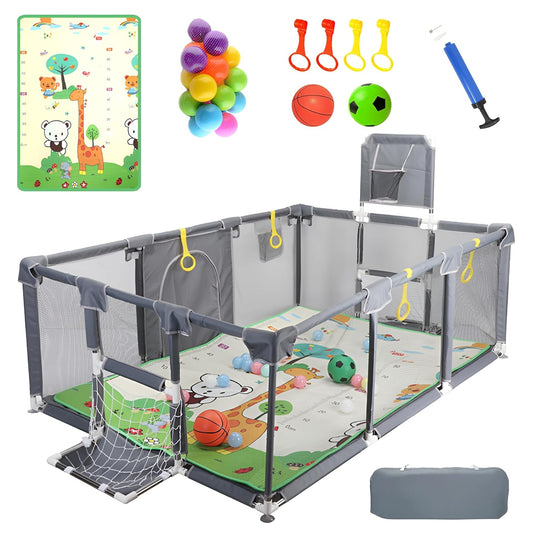 Upgraded Playpen - Enhanced Thick Foldable Mat, Balls, 4 Rings, Storage Bag & Sports Nets - BPA-Free & Safe
