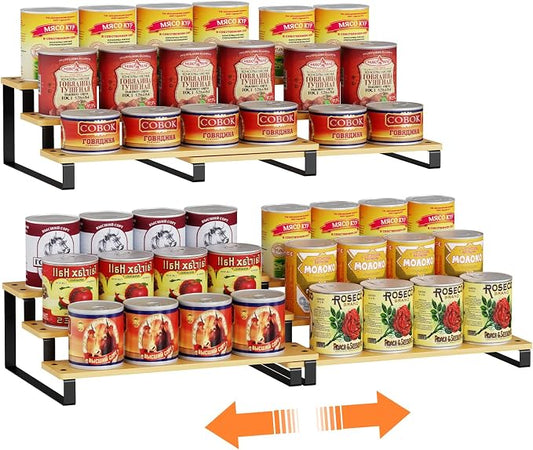Expandable Bamboo & Iron Can Organizer, 3-Tier Adjustable Pantry Can Rack, Kitchen Cabinet Food Storage Shelf, Easy Access Canned Goods Soda Soup Can Holder, Hold Up to 30 Cans, Black