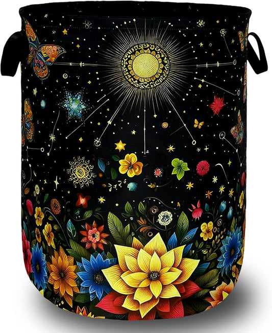 Colorful Flowers Butterfly Laundry Basket Moon Floral Laundry Hamper Foldable Oxford Cloth Beautiful Flower Tote Bag Clothes Toy Storage Bucket For Bathroom/Laundry Storage/Bedroom 18.9 x 16.5 Inch