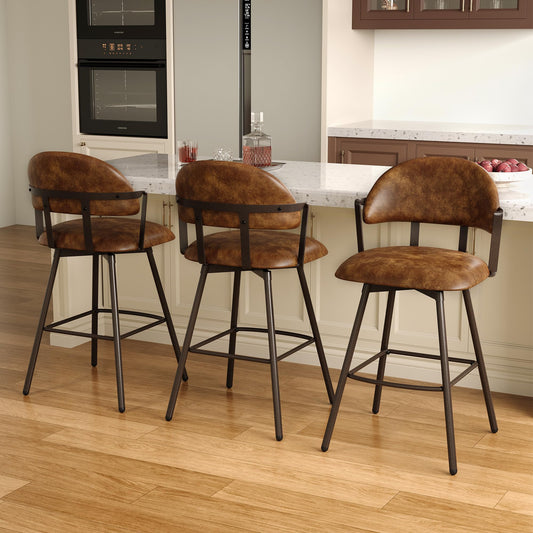 BFZ 26" Bar Stools Set of 3, Modern Swivel Counter Height Bar Chairs with Backs and Metal Legs, Faux Leather Upholstered Barstools for Kitchen Island, Dining Room