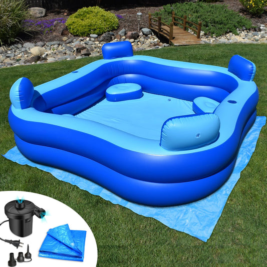 Inflatable Pool w/Seats & Headrests, 8ft x 8ft, Comes with Electric Pump and Ground Tarp Included - Fast Setup and Reinforced Seams
