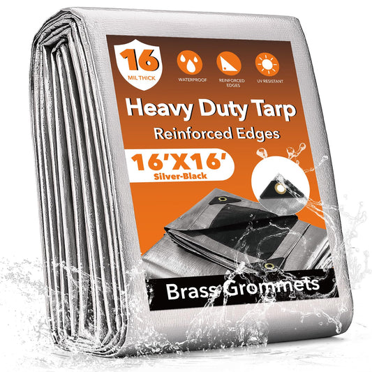 16x16FT Waterproof Tarp, Yumatum 16 Mil Heavy Duty Tarps with Reinforced Edges/Brass Grommets, 100% UV Blocking/Tear Resistant Poly Tarp for Camping, Patio, Tent, Boat(Silver/Black)