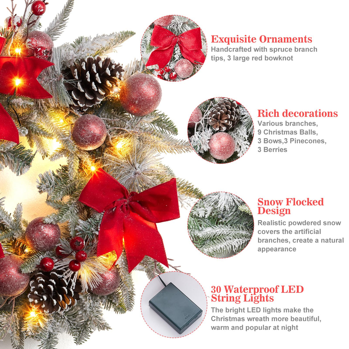 24" Prelit Christmas Wreath with Lights, Battery Operated Xmas Garland with Decorations, Wreath for Front Door Porch Wall Window Fireplace Outdoor Home Holiday Accent