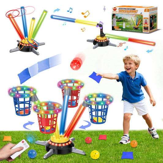 VATOS 3 in 1 Bean Bag & Ring Toss Game, Musical Jumping for Kids, Electric Spinning Base with Remote, Lights, 12 Sandbags, 12 Tossing Rings, 12 Balls, Indoor Outdoor Backyard Sport Toy for Boy Girl 3+