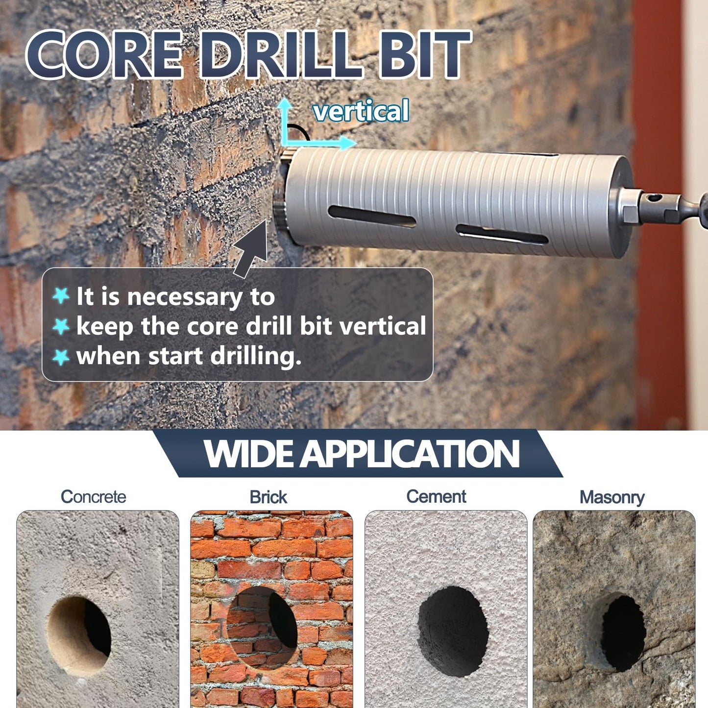 6-1/2 inch Diamond Dry Core Drill Bit, 10" Drilling Depth, 5/8"-11 Thread Core Drill Bit for Concrete Masonry Brick Block, Includes 3 Adapters SDS Plus, SDS Max and Hex (6-1/2 inch)