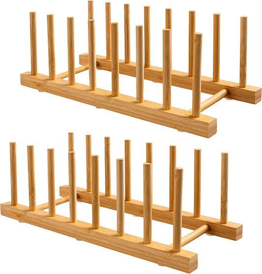 HBlife 2-Pack Bamboo Wooden Dish Rack Holder Space-Saving Vertical Organizer for Plates, Cups, Pots, Lids, Bowls & Cutting Boards Kitchen Cabinet & Counter Storage