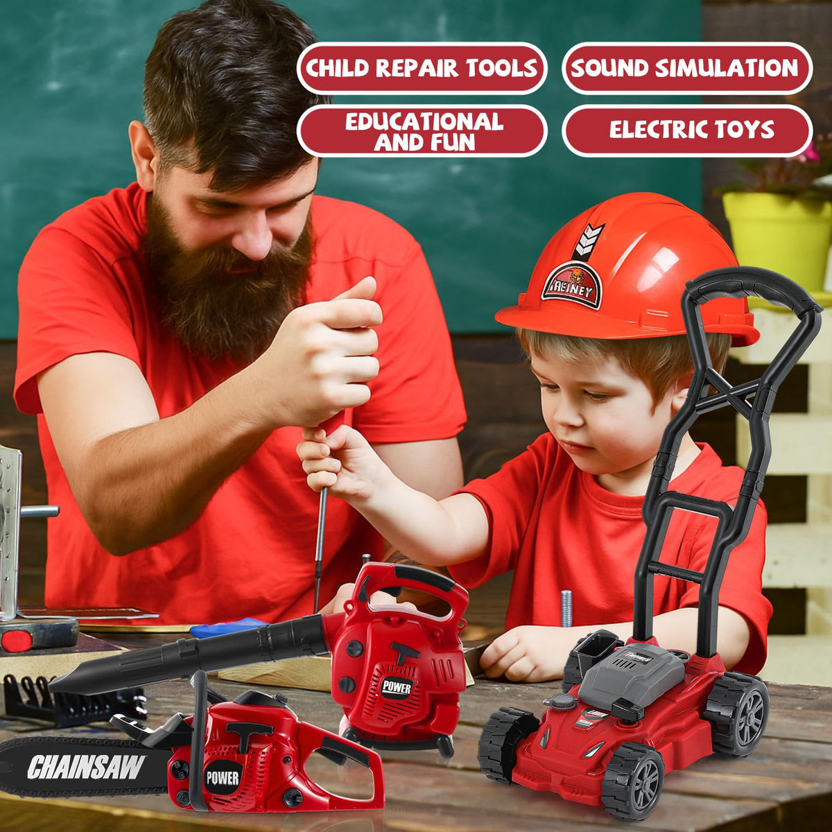 Arrowbash 3-in-1 Kids Gardening Toy Set, Toy Leaf Blower & Chainsaw & Push Lawn Mower with Realistic Sound, Outdoor Backyard Play Educational Learning Birthday Summer Gift for 3-8 Boys Girls