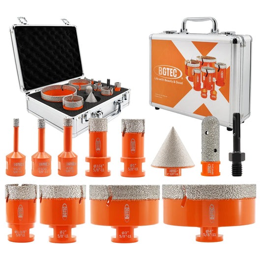BGTEC Tile Hole Saw Kit Diamond - 12PCS 5/8-11 Thread Drill Bit 6/8/10/19/25/35/50/75/102mm+50mm Chamfer Bit+20mm Finger Bit+SDS Adapter for Pocelian Tile Ceramic Marble Granite Stoneware