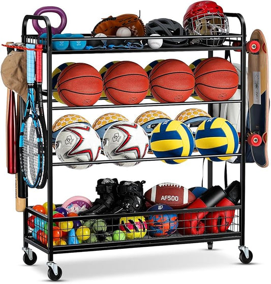 Garage Sports Equipment Organizer - Rolling Ball Storage Bin with Wheels, Garage Sports Gear Rack Outdoor Basketball Racks for Balls with Baseball Bat Holder and Hooks, Toy Organizer