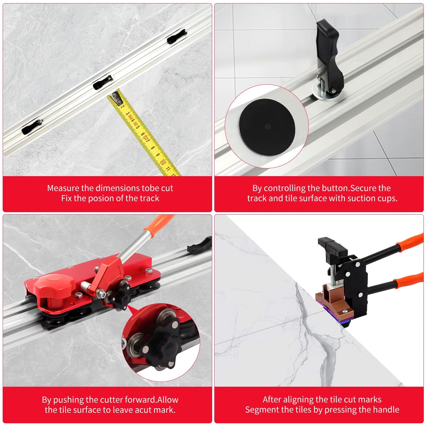 110" Large FormatTile Cutter, Manual Ceramic Tile Cutting Tool with Built-in Suction Cups & Tile Clamp, 3-Head Scoring Wheel System, for Up to 0.47-Inch Thick Tiles