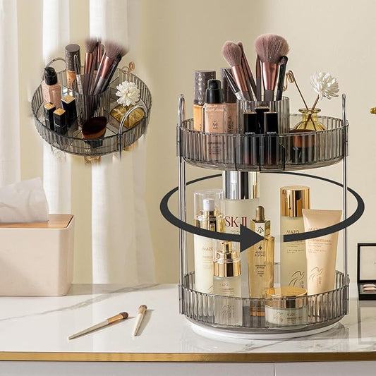 shuang qing Rotating Makeup Organizer for Vanity, High-Capacity Skincare Clear Make Up Storage Perfume Organizers Cosmetic Dresser Organizer Countertop 360 Spinning (Gray, New-2 Tier)