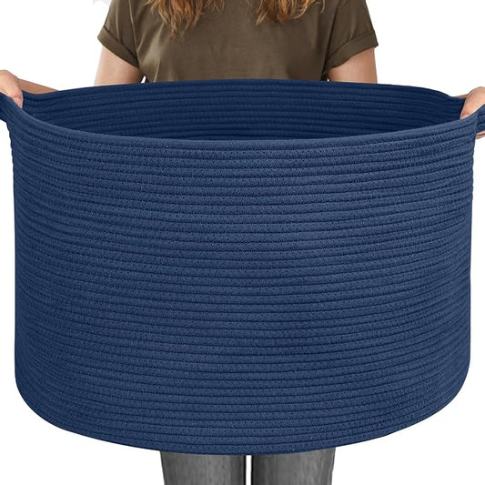 MEGASKET 115L Dark Blue Basket for Organizing, 23.6" x 15.7" XXXL Woven Cotton Rope Laundry Basket, Oversized Blanket Storage for Living Room Bedroom, Kids Toy Box Organizer, Pool Towel Storage Bin