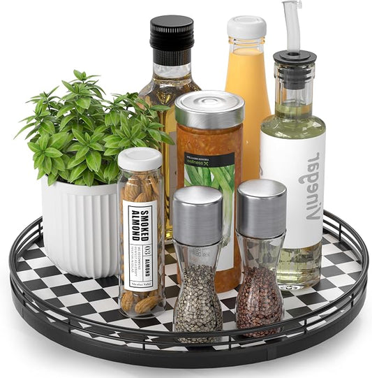 Black and White Kitchen Lazy Susan Turntable â Round Checkered Decorative Tray, 12â Table Top Oak Wood Lazy Susan for Cookies, Dining Table Organizer, Small Kitchen Table Centerpiece