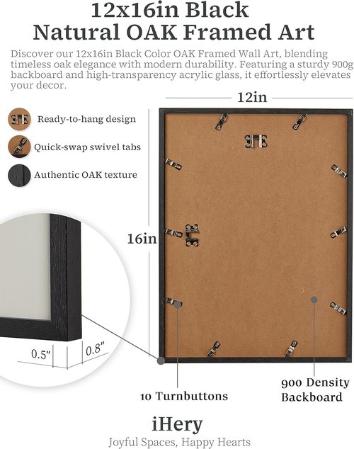iHery Premium Natural Black Oak Wood Wall Art - Trendy Framed Canvas Decor for Bedroom & Living Room | 12x16in