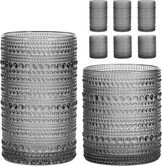 Moretoes Hobnail Drinking Glasses Set of 6, 12 Oz Highball Glasses & 10 Oz Cocktail Glasses, Clear Embossed Boho Glass Cups Kitchen Bar Tumbler Glassware Set for Whiskey, Beer, Juice, Milk (Gray)