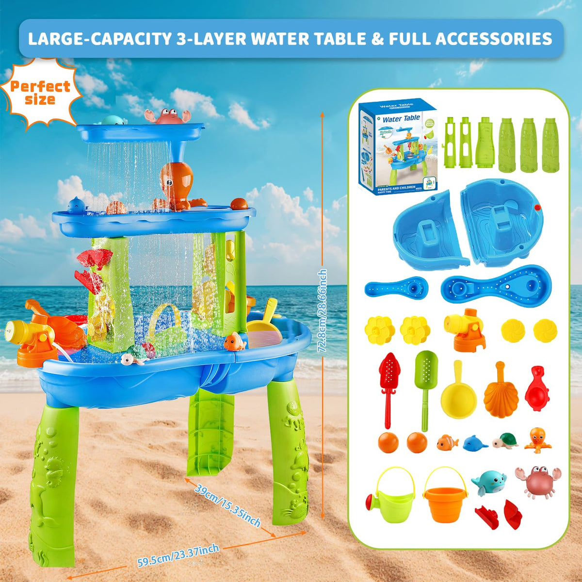 YAZ&OUZ Water Table for Toddlers 1-3, 3-Tier Kids Water Table, Water Tables for Toddlers 3-5 Features Swimming Crabs & Dolphins, Rain Showers Splash Pond, Activity Sensory Play Table for Boys Girls