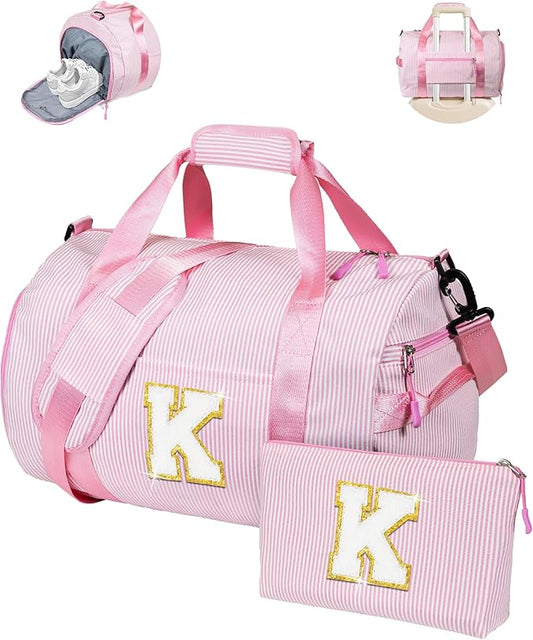 Gift for 5 6 7 8 9 Year Old Girls, Girl Gym Bag, Kids Initial Overnight Duffel Bags with Shoe Compartment, Personalized Travel Bag with Makeup Pouch, Dance Recital Gifts for Niece (Letter K)