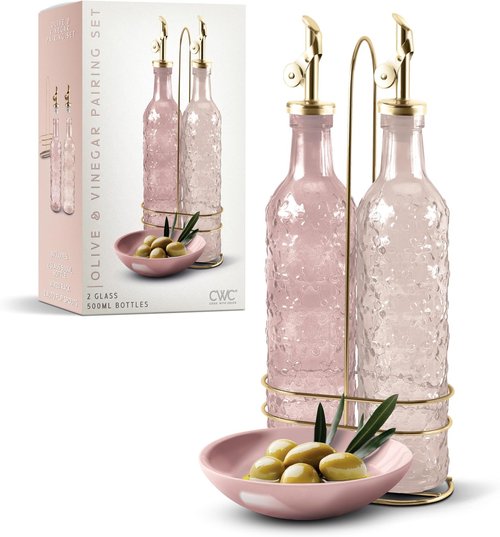 COOK WITH COLOR Glass Olive Oil Bottle Dispenser - 17oz Oil and Vinegar Cruet Set - Floral Pink Carafe for Kitchen