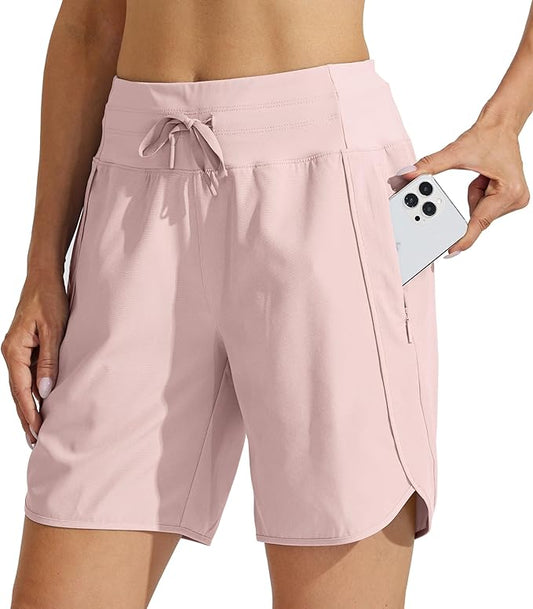 Willit Women's 7" Athletic Running Shorts Long Workout Hiking Shorts Quick Dry High Waisted Active Zipper Pocket(Small)