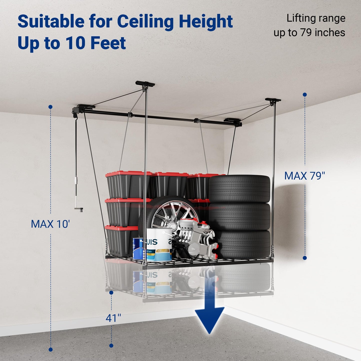 FLEXIMOUNTS Overhead Garage Storage Rack, 4x4 Ft Heavy-Duty Garage Ceiling Storage Racks, Adjustable Organization System with 71'' L Axle, 350lbs Weight Capacity, Carbon Black