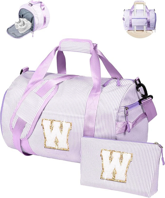 Christmas Gift for Her, Girl Gym Bag, Kids Initial Overnight Duffel Bags with Shoe Compartment, Personalized Dance Bag with Makeup Pouch, Tween Girls Gifts Trendy Stuff (Letter W)