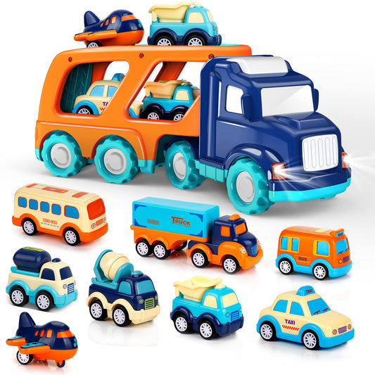 9 Pack Cars Toys for 2 3 4 5 Years Old Toddlers Boys and Girls Gift, Big Transport Truck with 8 Small Cute Pull Back Trucks, Colorful Assorted Vehicles Playset, Carrier Truck with Sound and Light