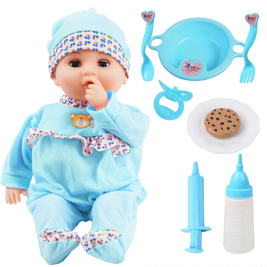 Toy Choi's Interactive Baby Doll - 16 Inch Crying Talking Feeding Dolls with Different Sounds and Accessories, Pretend Play Preschool Toys for 2 3 4 5+ Year Old Girls Boys Gift, Blue