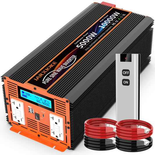 5000W Pure Sine Wave Power Inverter 12V DC to 110V 120V Converter for Family RV Off Grid Solar System Emergency Power Supply, Type-C Port 4 GFCI AC Outlet Dual USB Remote Control and LCD Display
